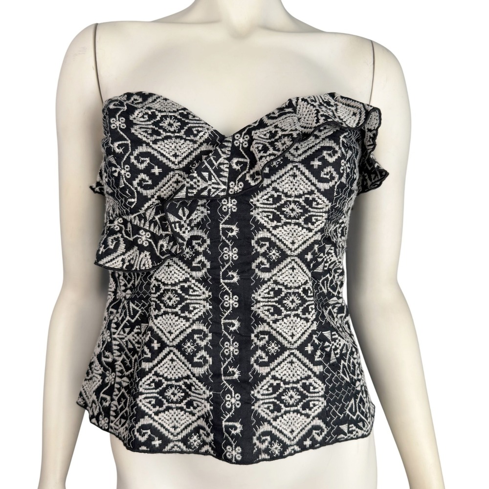 Anna Sui Anthropologie‎ Size S Strapless Ruffle Jacquard Bustier Top Black Ivory
